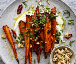 Chili roasted carrots with cashews.